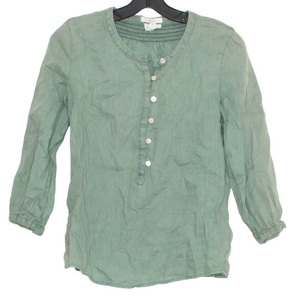 Nicole Miller Top 3/4 Sleeve Linen Cottage Boho Minimalist Button Up Green XS - Picture 1 of 4